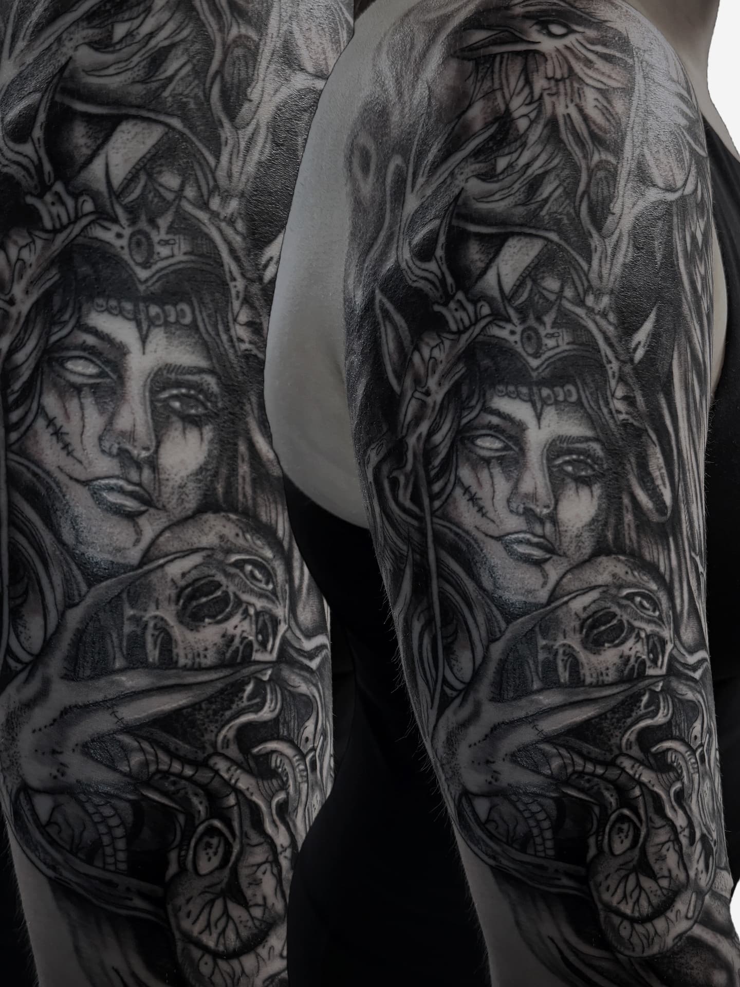 Antler-crowned queen with blank eyes cradling a human skull beneath a perched crow