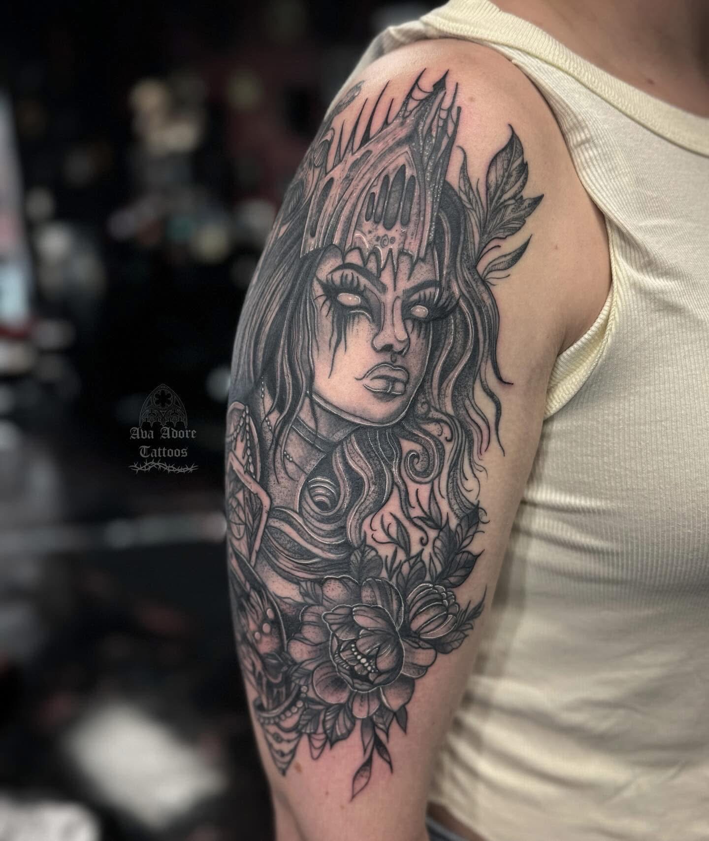 Crowned gothic sorceress portrait half sleeve with peonies and dotwork shading