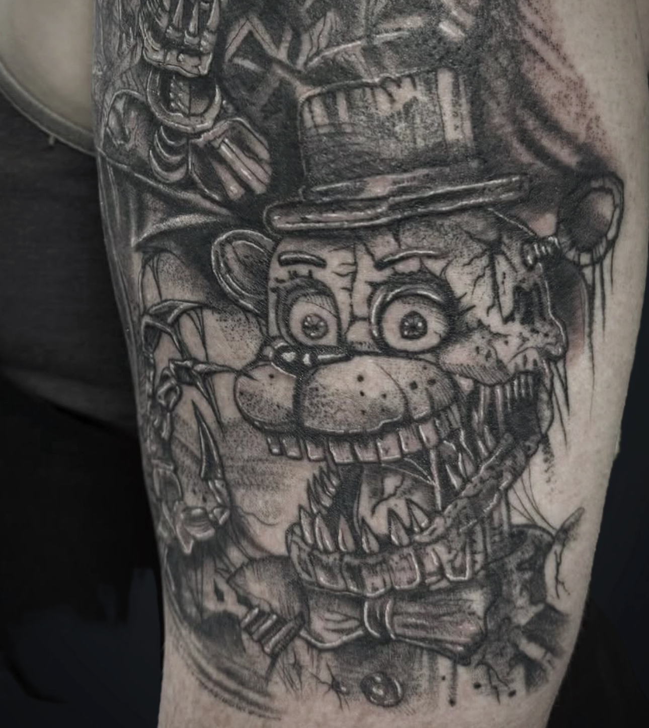 Ruined animatronic bear in a top hat, dark illustrative black and grey