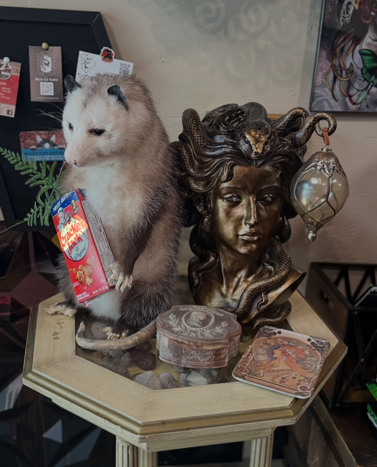 Taxidermy opossum and bronze Medusa bust among curiosities inside Black Cat Tattoo