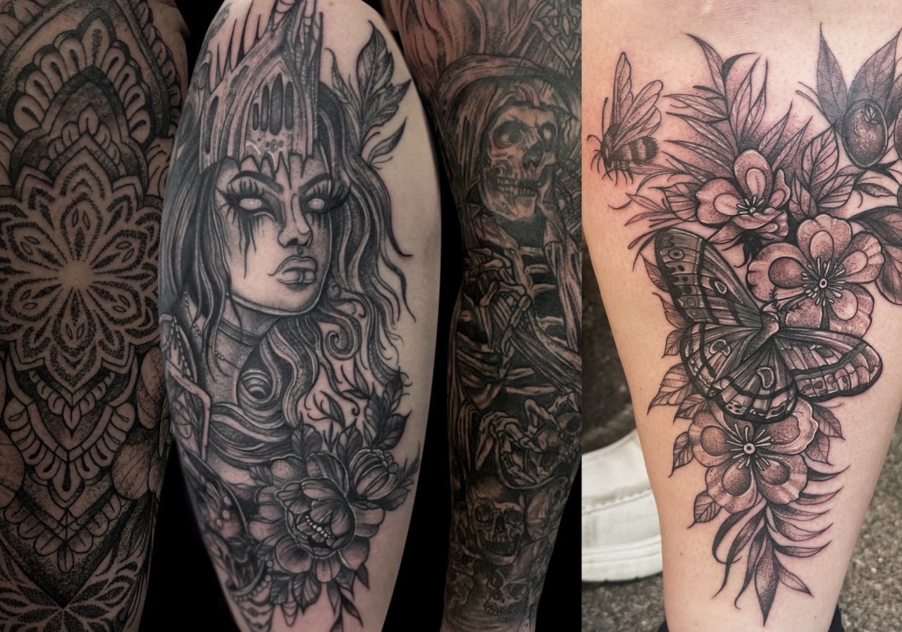 Featured black and grey tattoo work at Black Cat Tattoo: mandala, gothic sorceress, skulls and floral moth