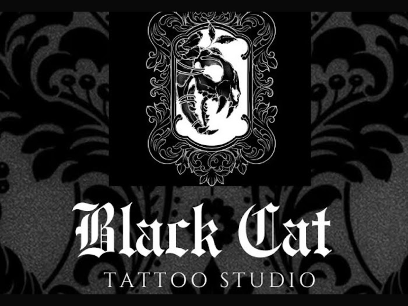Black Cat Tattoo Studio sign with the ornate black cat crest