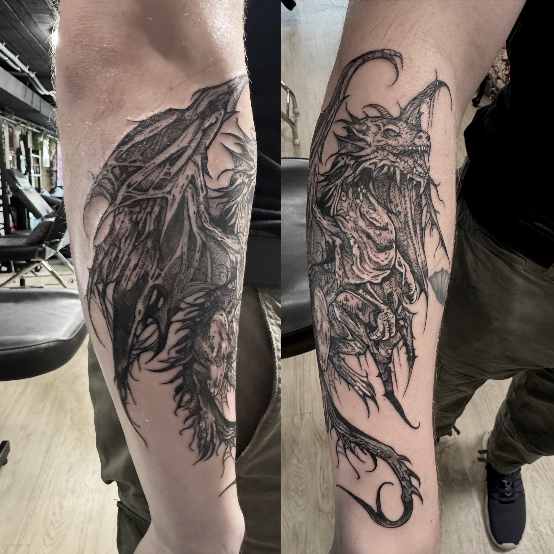 Illustrative gargoyle forearm tattoo shown from two angles