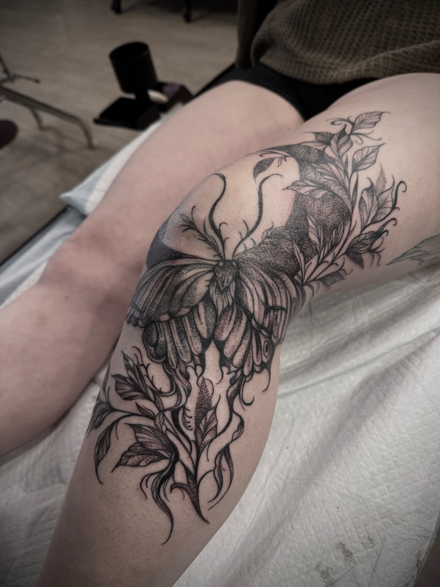 Dotwork moth and botanical knee piece in black and grey