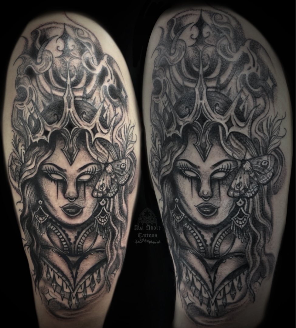 Gothic moth queen shoulder tattoo in black and grey